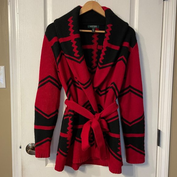 Lauren Ralph Lauren Sweaters - Lauren Ralph Lauren | Red Black Lambswool Aztec Belted Shawl Cardigan L Large